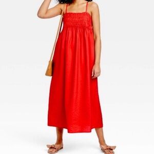 A New Day Smocked Red Midi Dress with Pockets Women’s Size X-Large